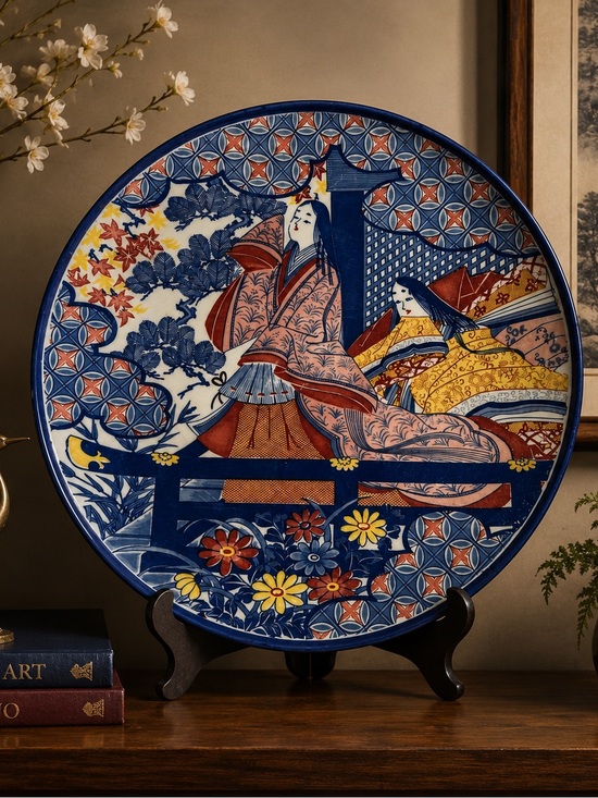 Other - Vintage Japanese Decorative Wall Plate Hand Painted Imari Style Blue White 13”